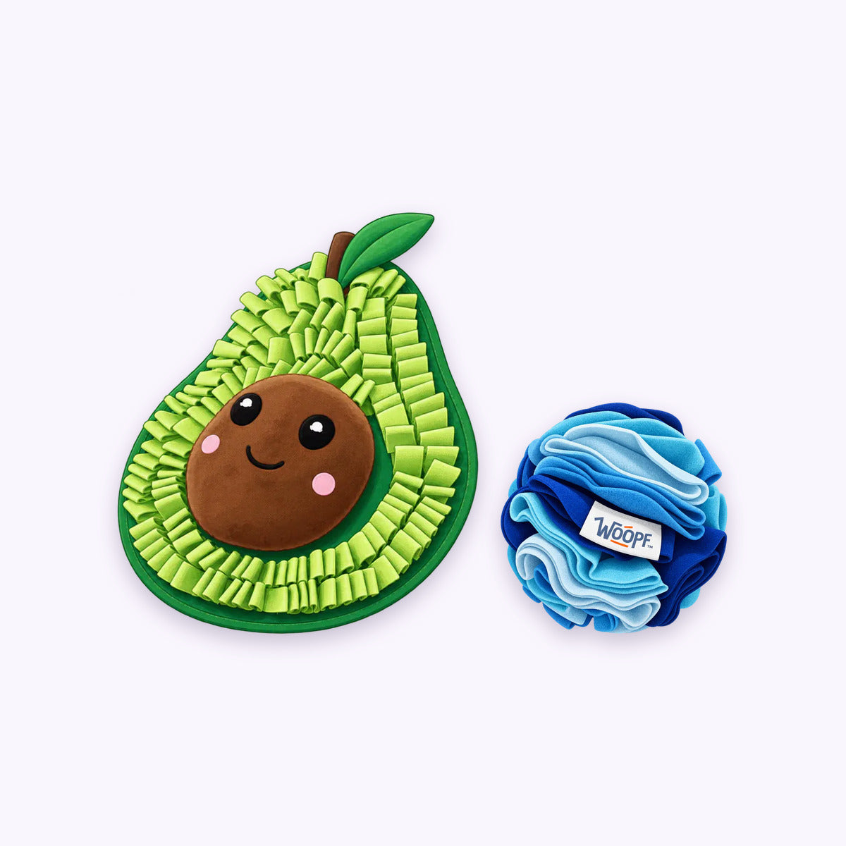 Avocado | Sniff & Snuffle Bundle: The Avocado Snuffle Mat with the Blue Snuffle Ball on a pale lavender background