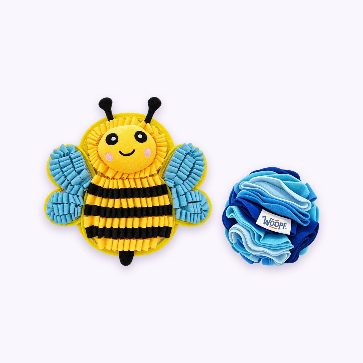 Bumble Bee | Sniff & Snuffle Bundle: The Bumble Bee Snuffle Mat with the Blue Snuffle Ball on a pale lavender background