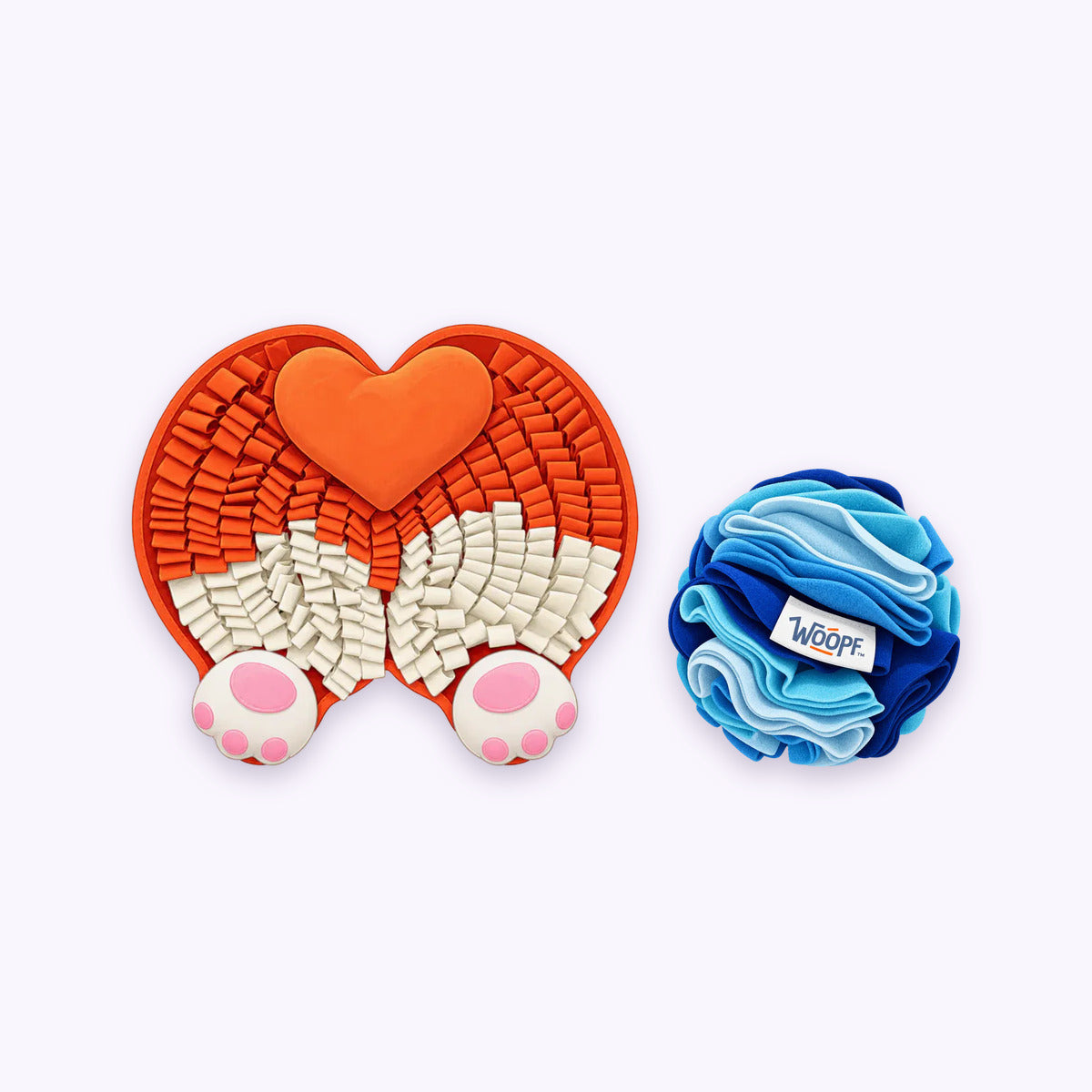 Corgi Butt | Sniff & Snuffle Bundle: The Corgi Butt Snuffle Mat with the Blue Snuffle Ball on a pale lavender background