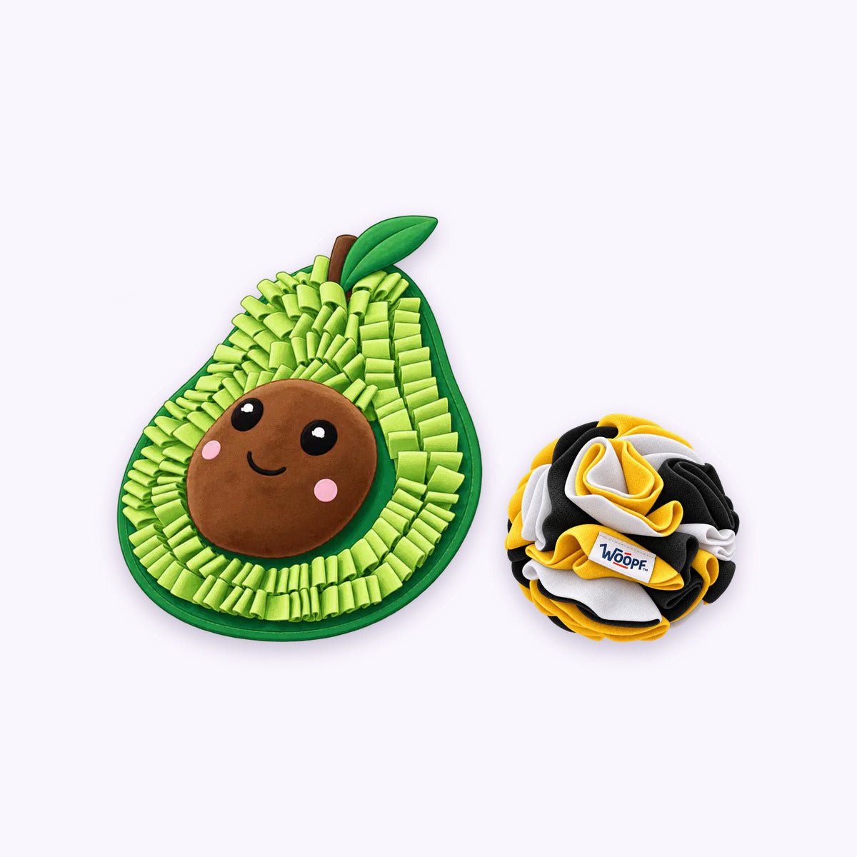 Avocado | Sniff & Snuffle Bundle: The Avocado Snuffle Mat with the Bumble Bee Snuffle Ball on a pale lavender background