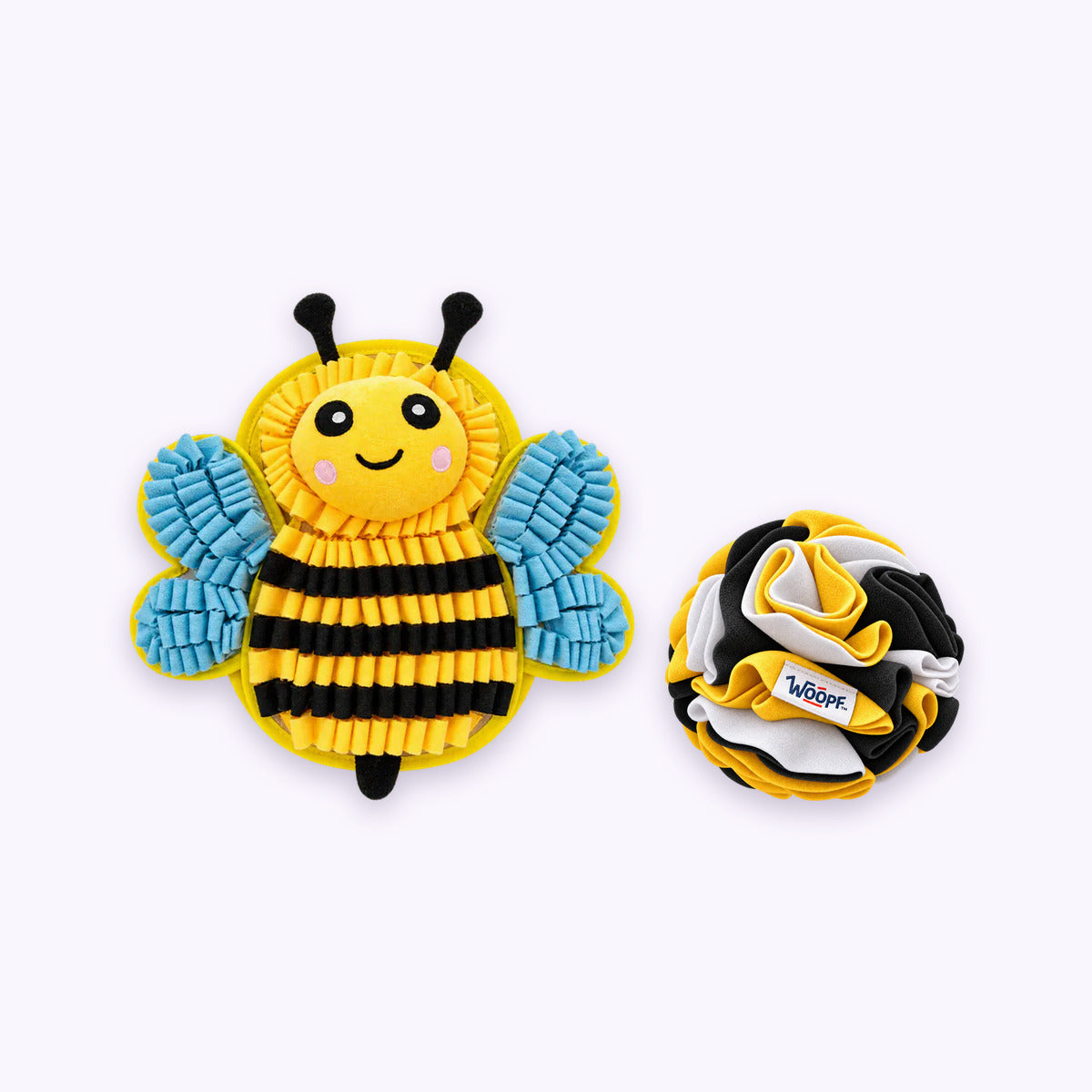 Bumble Bee | Sniff & Snuffle Bundle: The Bumble Bee Snuffle Mat with the Bumble Bee Snuffle Ball on a pale lavender background