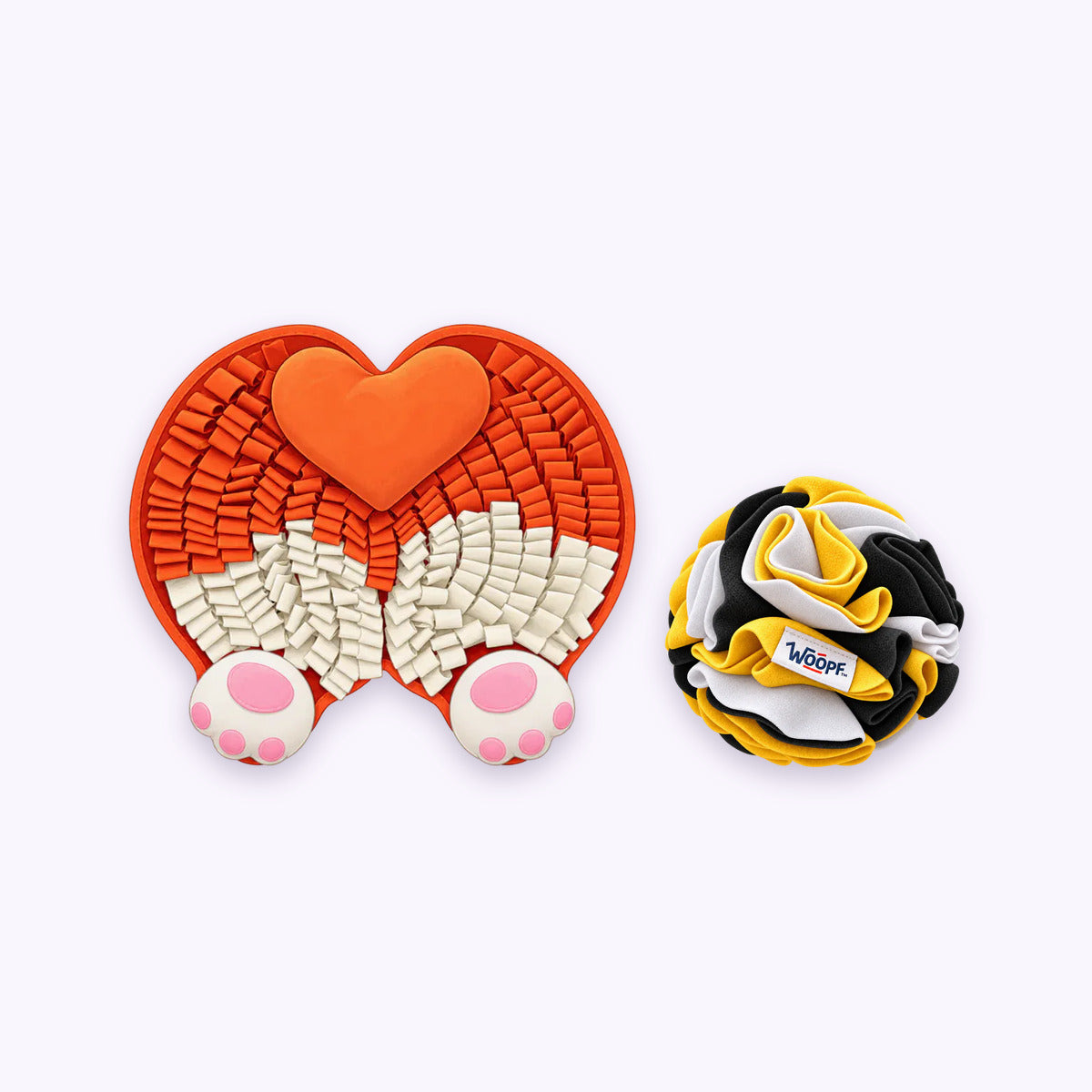 Corgi Butt | Sniff & Snuffle Bundle: The Corgi Butt Snuffle Mat with the Bumble Bee Snuffle Ball on a pale lavender background