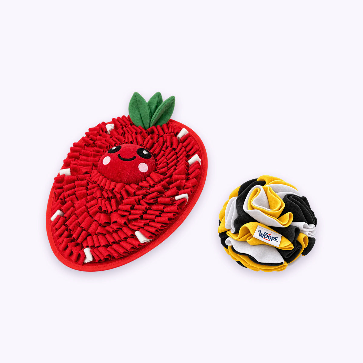 Strawberry | Sniff & Snuffle Bundle: The Strawberry Snuffle Mat with the Bumble Bee Snuffle Ball on a pale lavender background