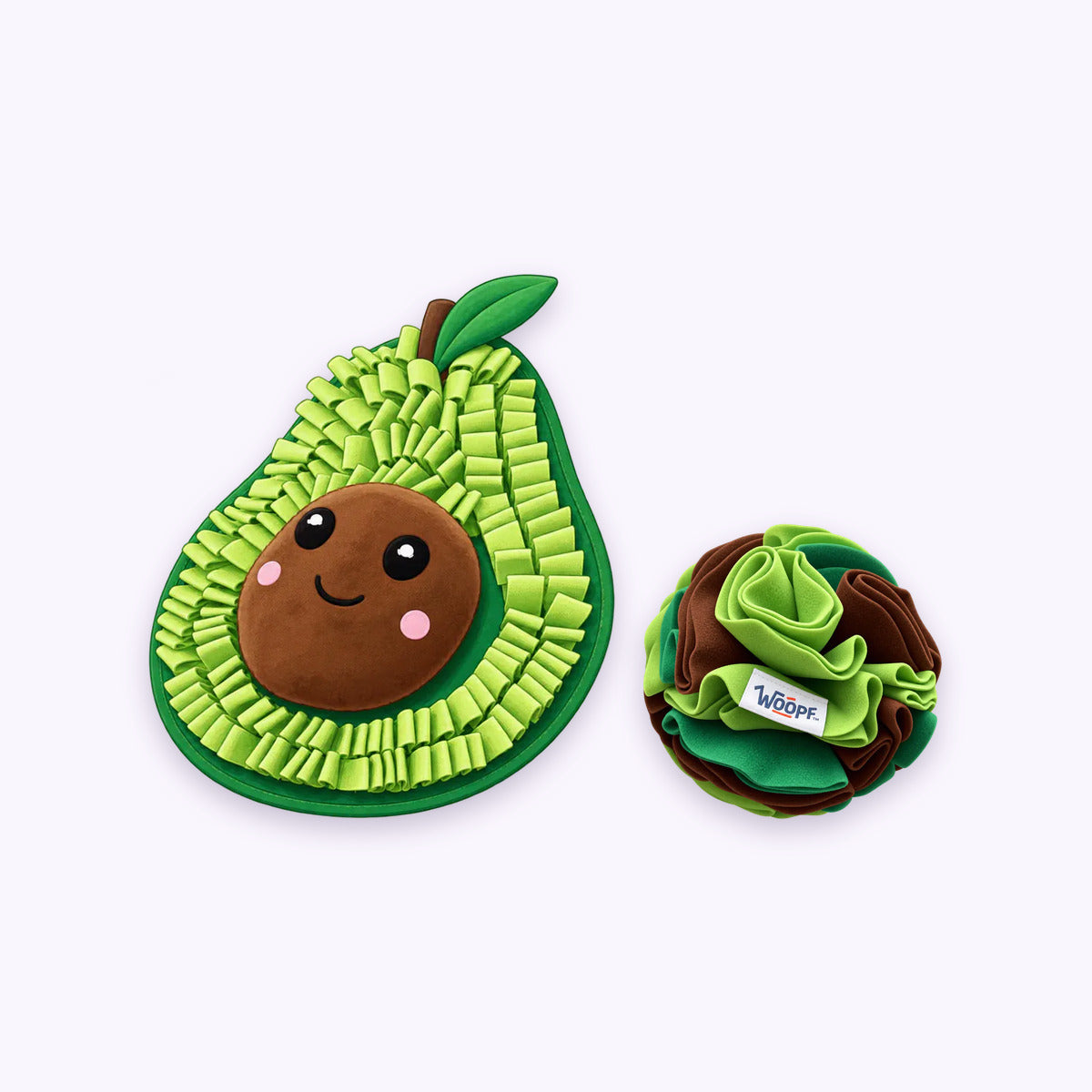 Sniff & Snuffle Bundle: The Avocado Snuffle Mat with the Green Snuffle Ball on a pale lavender background
