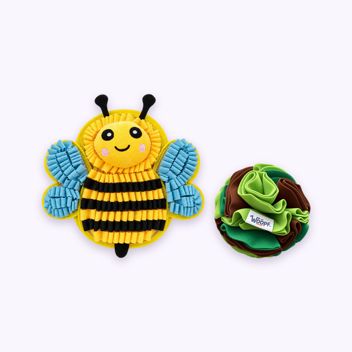 Bumble Bee | Sniff & Snuffle Bundle: The Bumble Bee Snuffle Mat with the Green Snuffle Ball on a pale lavender background