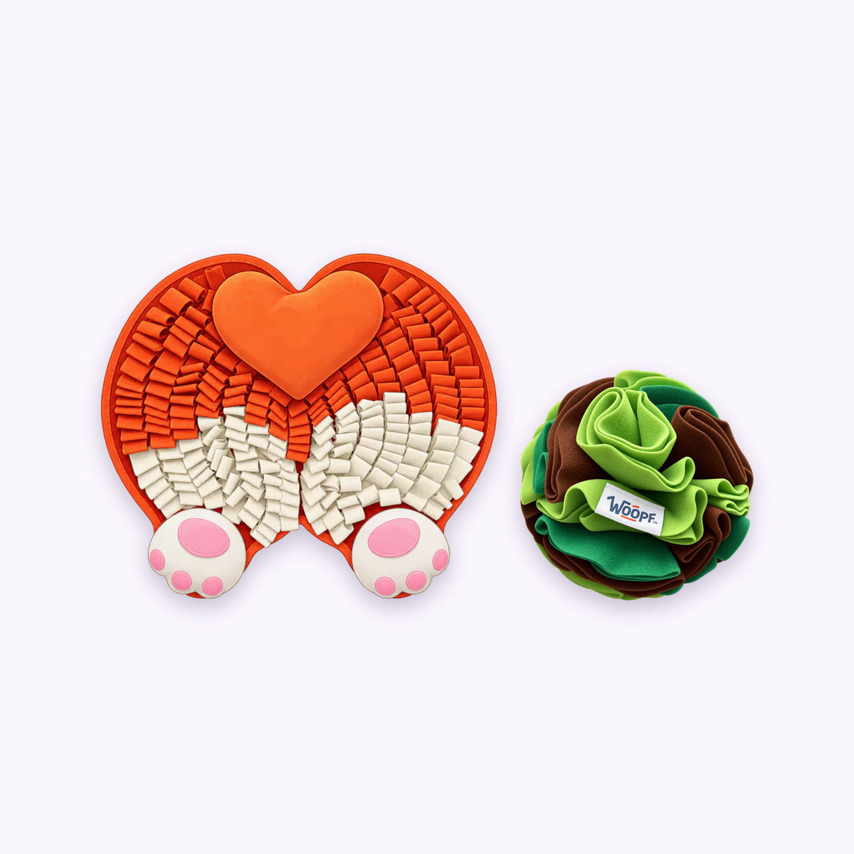 Corgi Butt | Sniff & Snuffle Bundle: The Corgi Butt Snuffle Mat with the Green Snuffle Ball on a pale lavender background