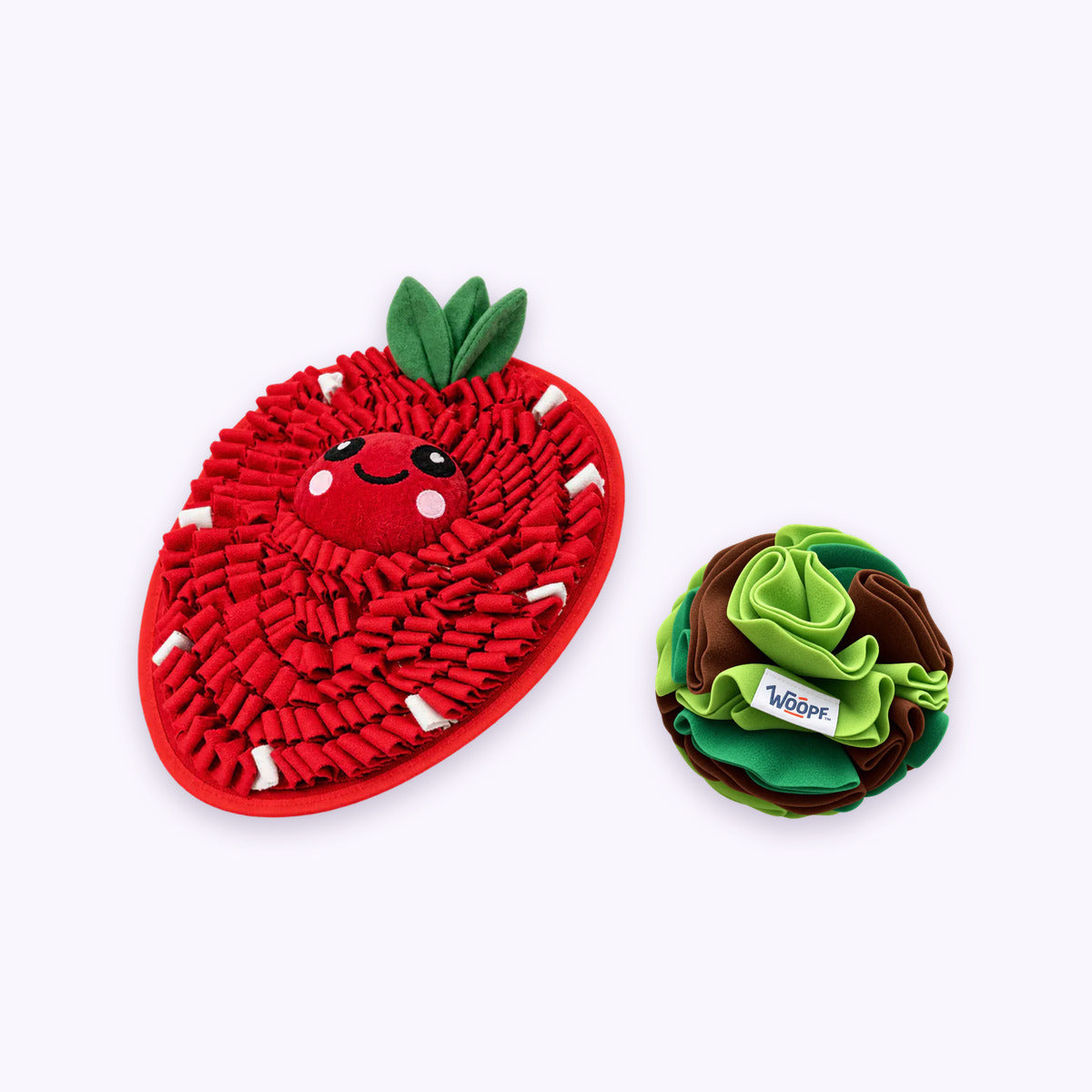 Strawberry | Sniff & Snuffle Bundle: The Strawberry Snuffle Mat with the Green Snuffle Ball on a pale lavender background