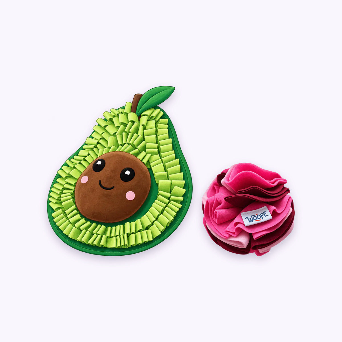 Avocado | Sniff & Snuffle Bundle: The Avocado Snuffle Mat with the Pink Snuffle Ball on a pale lavender background