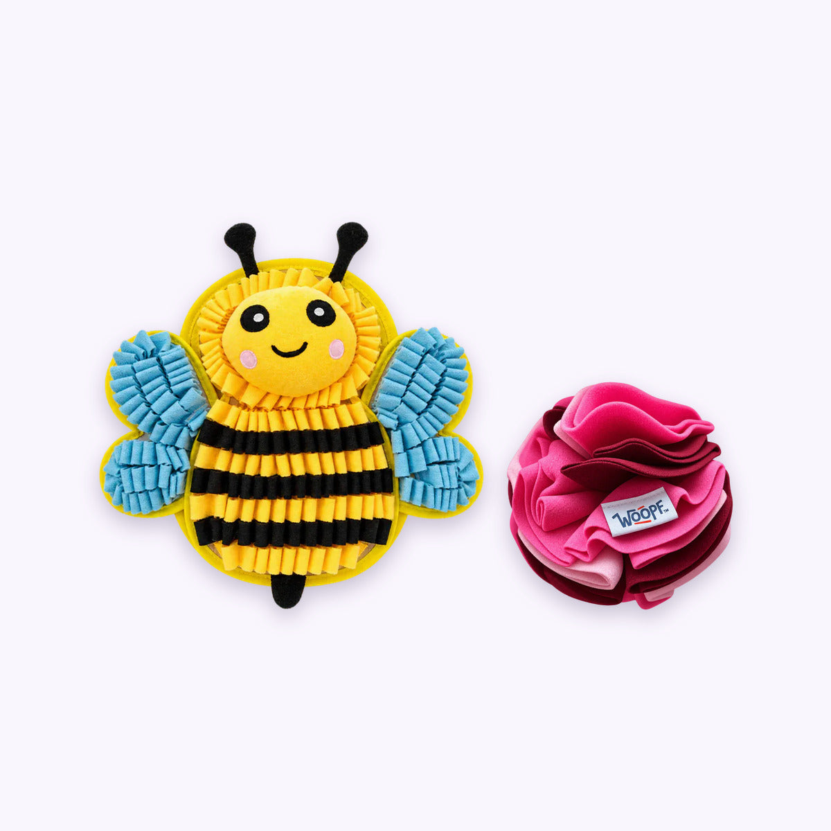 Bumble Bee | Sniff & Snuffle Bundle: The Bumble Bee Snuffle Mat with the Pink Snuffle Ball on a pale lavender background