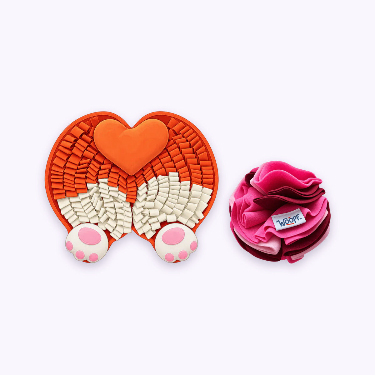 Corgi Butt | Sniff & Snuffle Bundle: The Corgi Butt Snuffle Mat with the Pink Snuffle Ball on a pale lavender background