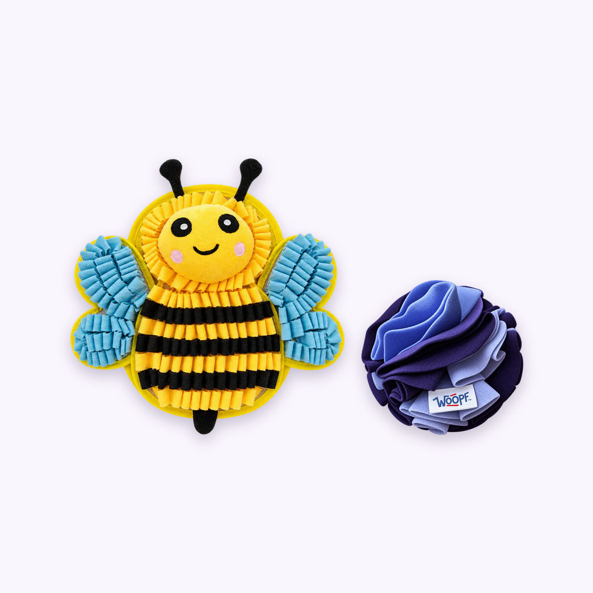 Bumble Bee | Sniff & Snuffle Bundle: The Bumble Bee Snuffle Mat with the Purple Snuffle Ball on a pale lavender background