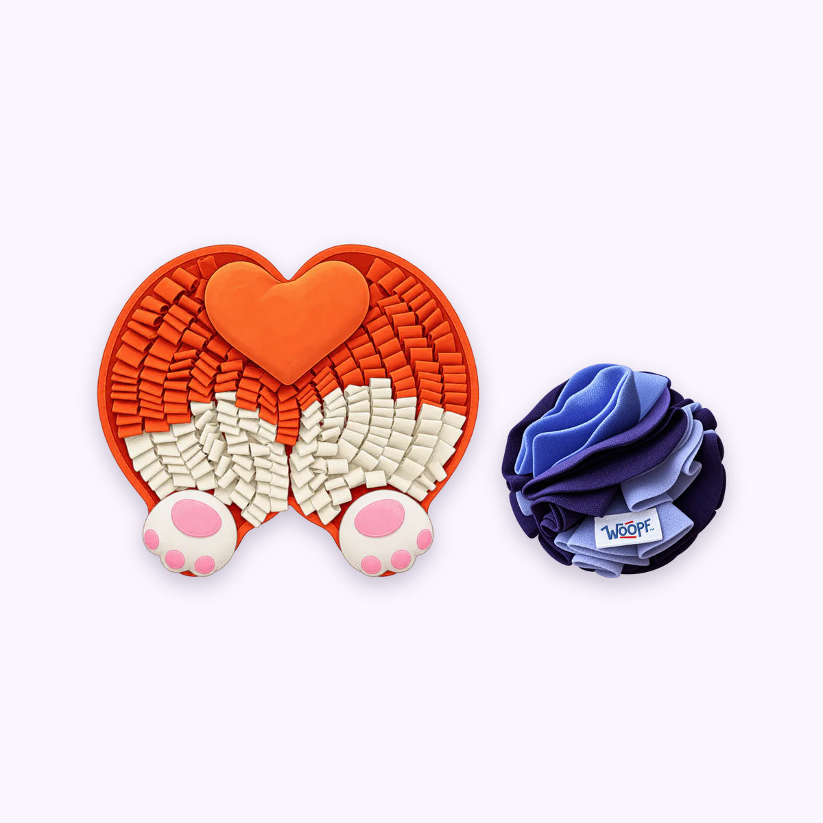 Corgi Butt | Sniff & Snuffle Bundle: The Corgi Butt Snuffle Mat with the Purple Snuffle Ball on a pale lavender background