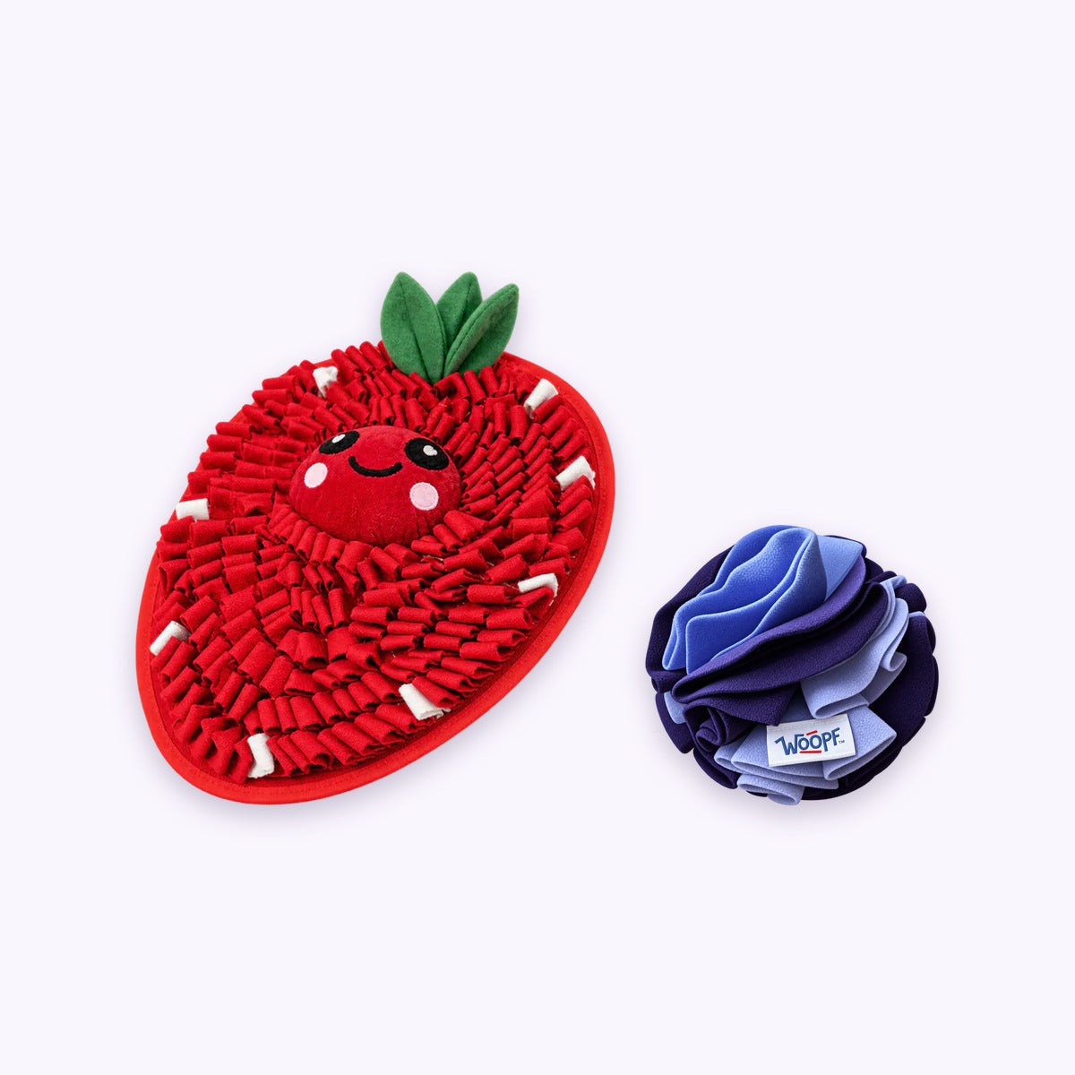 Strawberry | Sniff & Snuffle Bundle: The Strawberry Snuffle Mat with the Purple Snuffle Ball on a pale lavender background