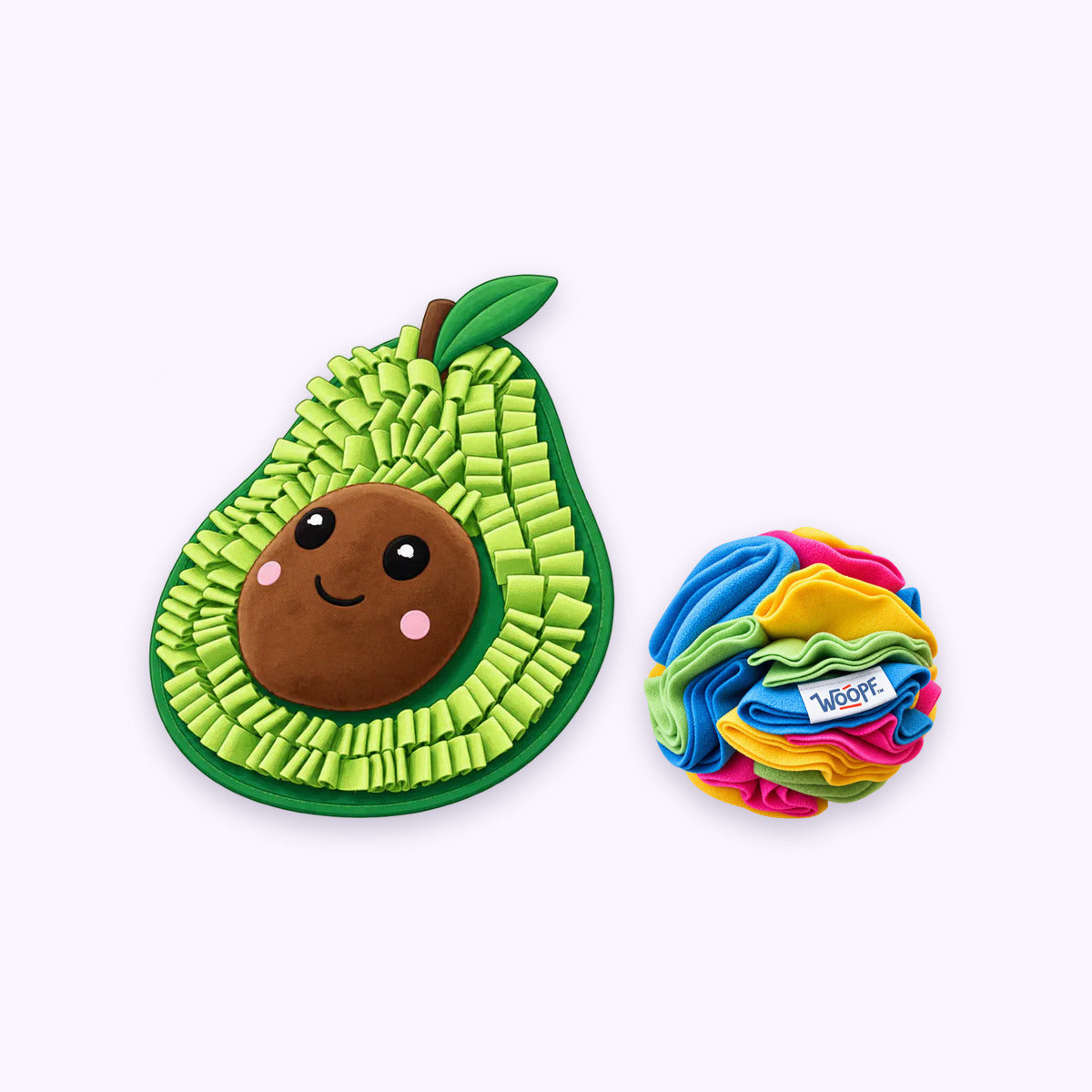 Avocado | Sniff & Snuffle Bundle: The Avocado Snuffle Mat with the Rainbow Snuffle Ball on a pale lavender background
