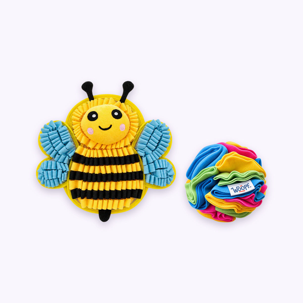 Bumble Bee | Sniff & Snuffle Bundle: The Bumble Bee Snuffle Mat with the Rainbow Snuffle Ball on a pale lavender background