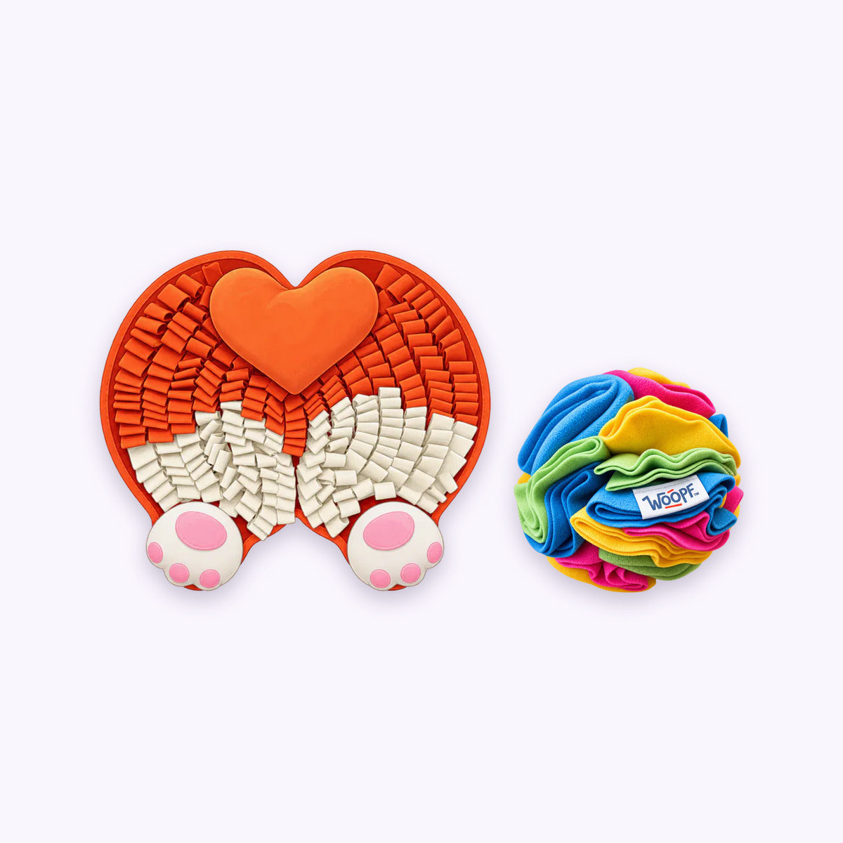Corgi Butt | Sniff & Snuffle Bundle: The Corgi Butt Snuffle Mat with the Rainbow Snuffle Ball on a pale lavender background