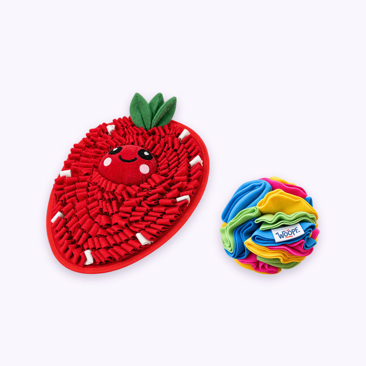 Strawberry | Sniff & Snuffle Bundle: The Strawberry Snuffle Mat with the Rainbow Snuffle Ball on a pale lavender background