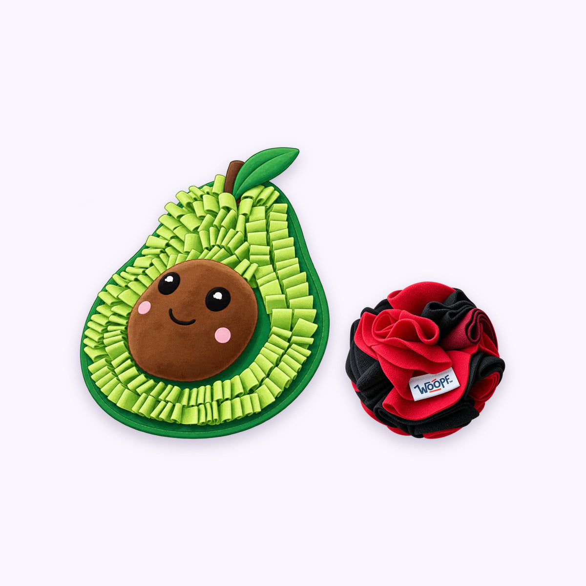 Avocado | Sniff & Snuffle Bundle: The Avocado Snuffle Mat with the Red Snuffle Ball on a pale lavender background