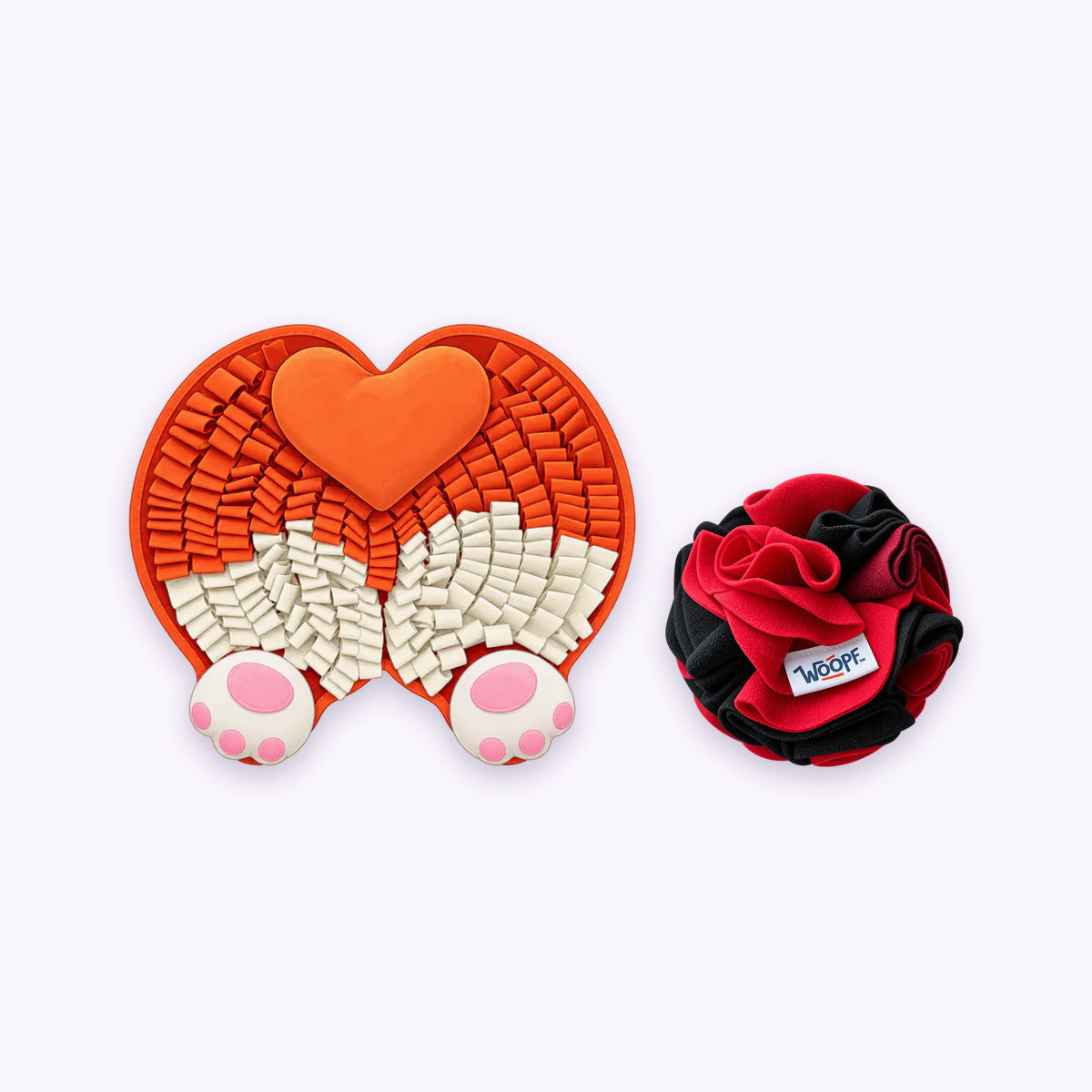 Corgi Butt | Sniff & Snuffle Bundle: The Corgi Butt Snuffle Mat with the Red Snuffle Ball on a pale lavender background