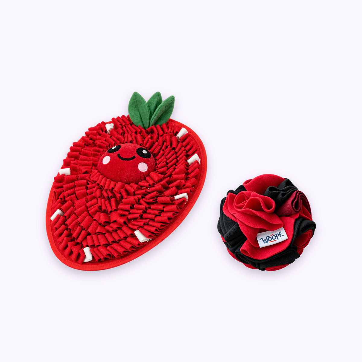 Strawberry | Sniff & Snuffle Bundle: The Strawberry Snuffle Mat with the Red Snuffle Ball on a pale lavender background
