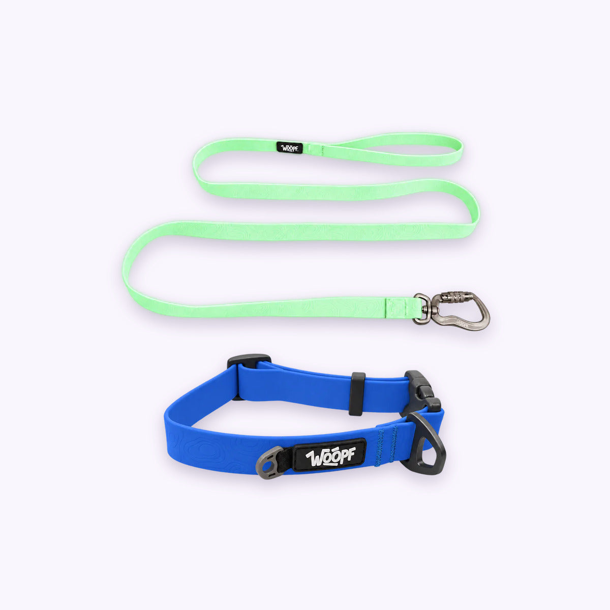 Blue | Swimmer Bundle: The Blue Sealskin Waterproof Dog Collar with the Glow Sealskin Lightweight Waterproof Leash on a pale lavender background