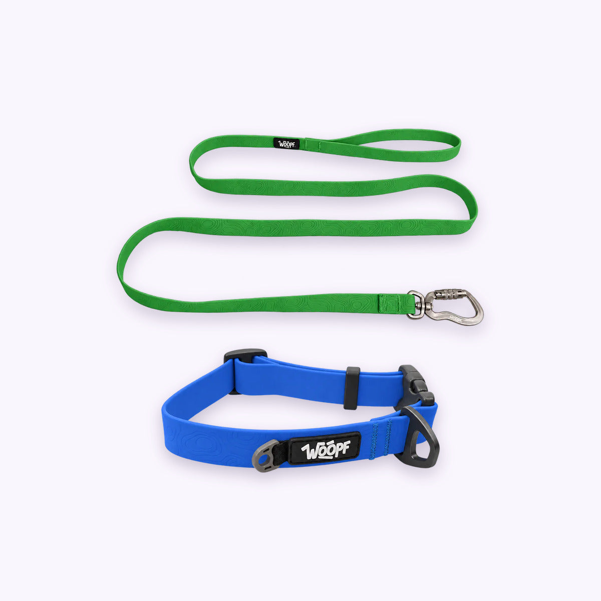 Blue | Swimmer Bundle: The Blue Sealskin Waterproof Dog Collar with the Green Sealskin Lightweight Waterproof Leash on a pale lavender background