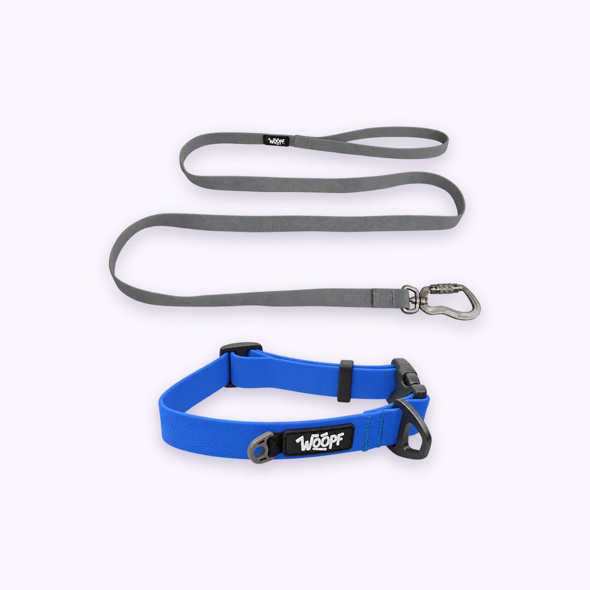 Blue | Swimmer Bundle: The Blue Sealskin Waterproof Dog Collar with the Grey Sealskin Lightweight Waterproof Leash on a pale lavender background