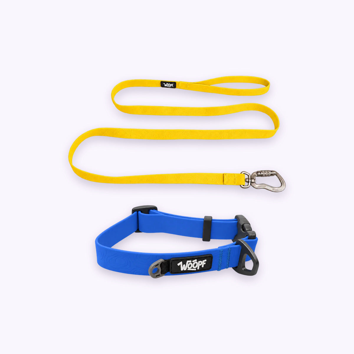 Blue | Swimmer Bundle: The Blue Sealskin Waterproof Dog Collar with the Yellow Sealskin Lightweight Waterproof Leash on a pale lavender background