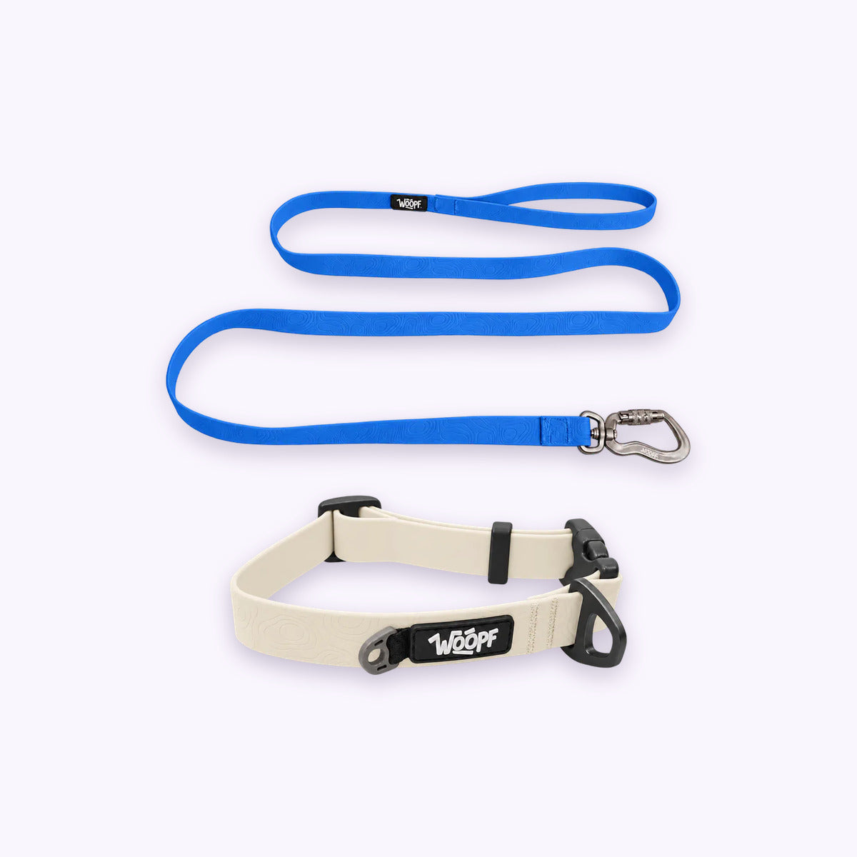 Glow | Swimmer Bundle: The Glow Sealskin Waterproof Dog Collar with the Blue Sealskin Lightweight Waterproof Leash on a pale lavender background