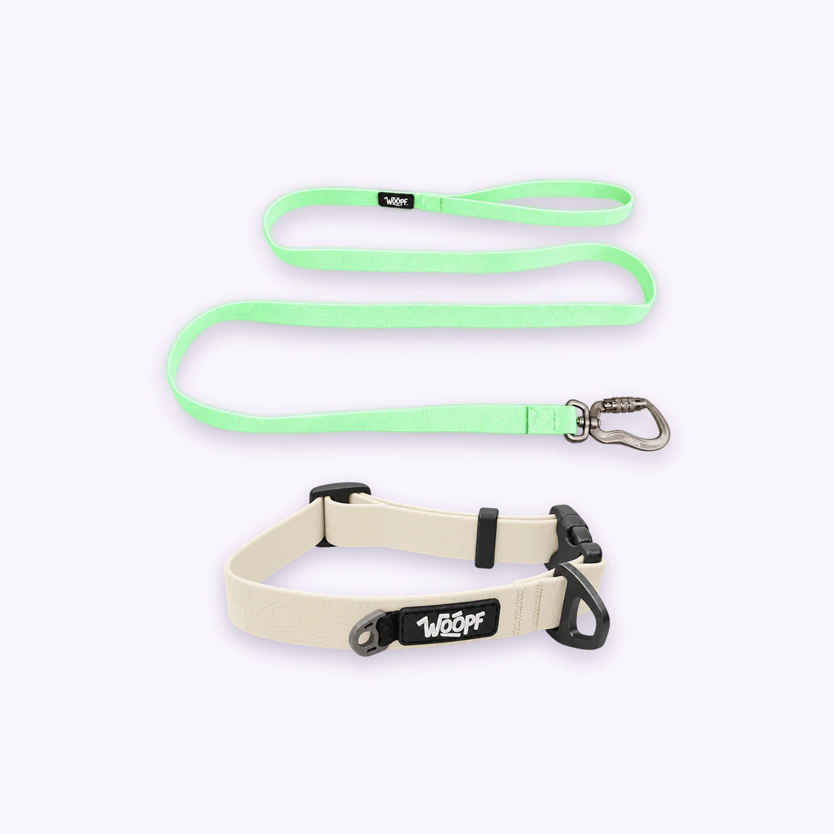 Glow | Swimmer Bundle: The Glow Sealskin Waterproof Dog Collar with the Glow Sealskin Lightweight Waterproof Leash on a pale lavender background