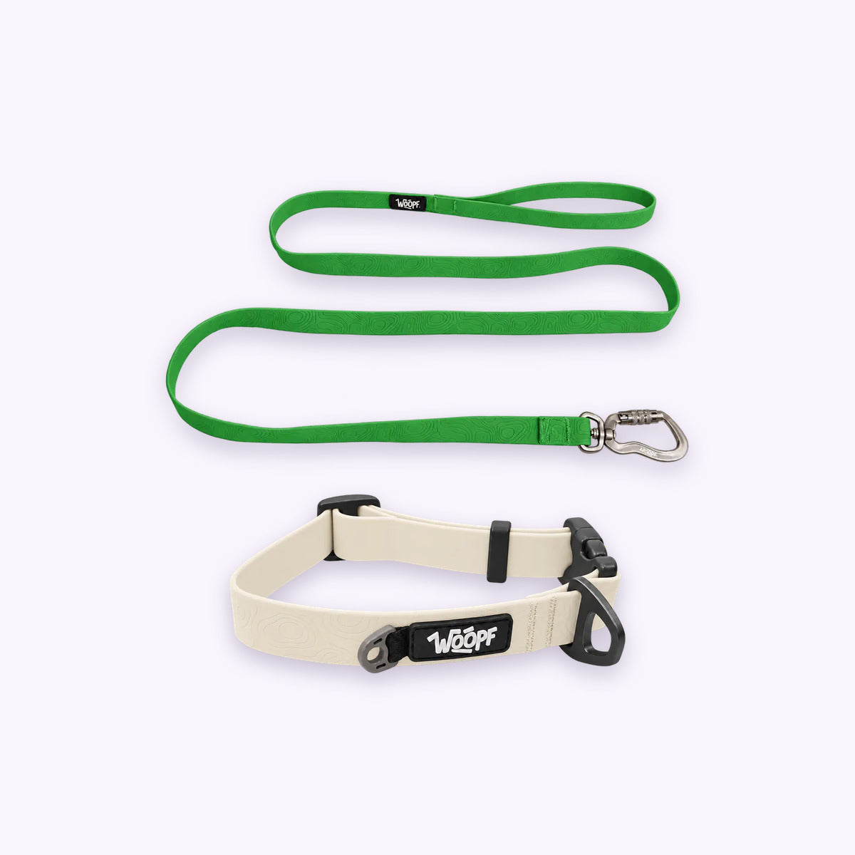 Glow | Swimmer Bundle: The Glow Sealskin Waterproof Dog Collar with the Green Sealskin Lightweight Waterproof Leash on a pale lavender background