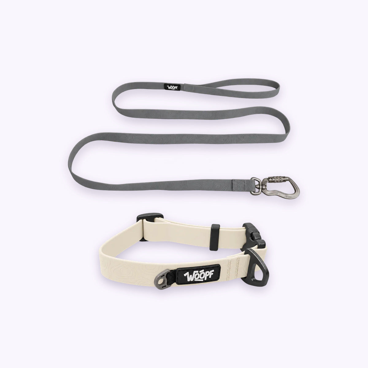 Glow | Swimmer Bundle: The Glow Sealskin Waterproof Dog Collar with the Grey Sealskin Lightweight Waterproof Leash on a pale lavender background