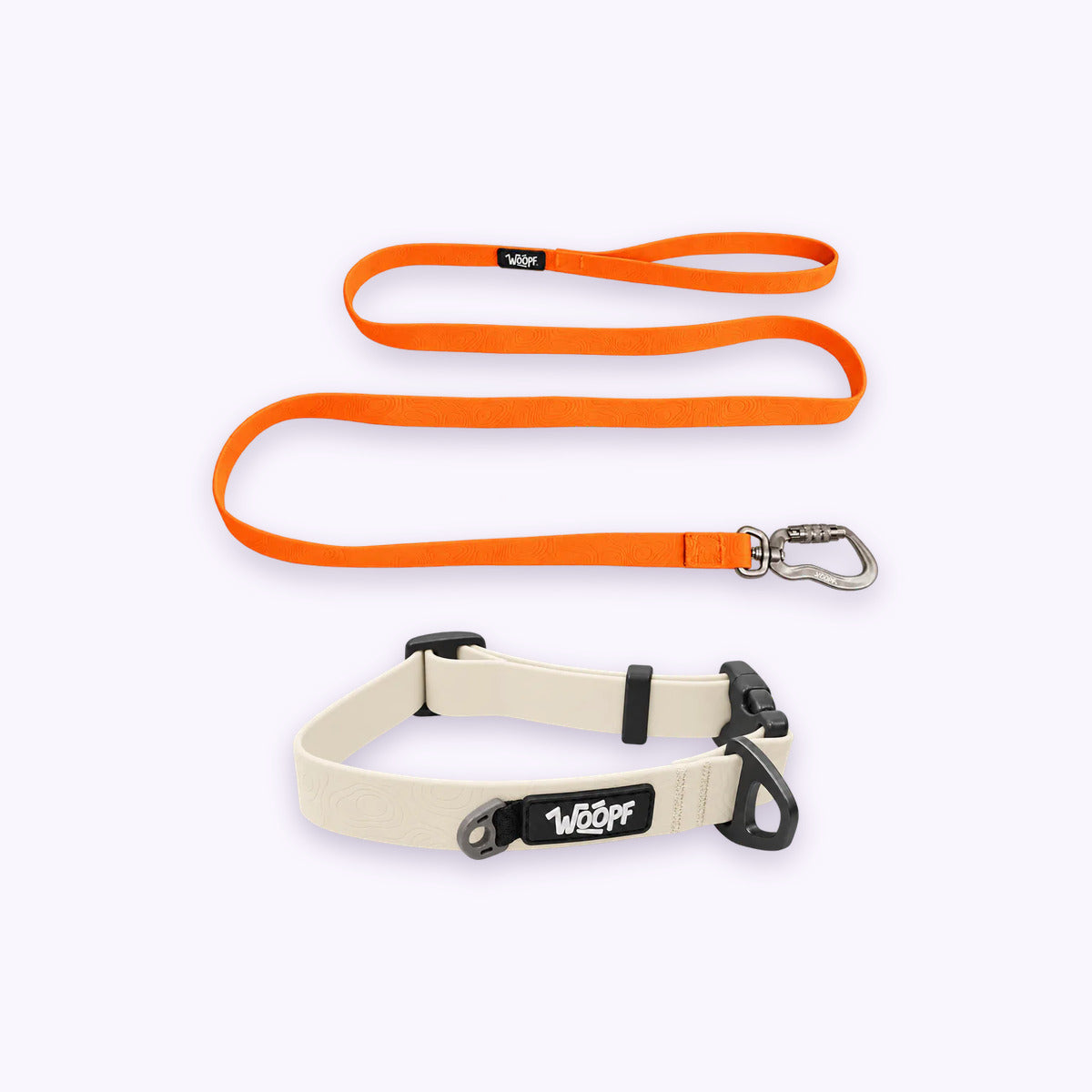 Glow | Swimmer Bundle: The Glow Sealskin Waterproof Dog Collar with the Orange Sealskin Lightweight Waterproof Leash on a pale lavender background