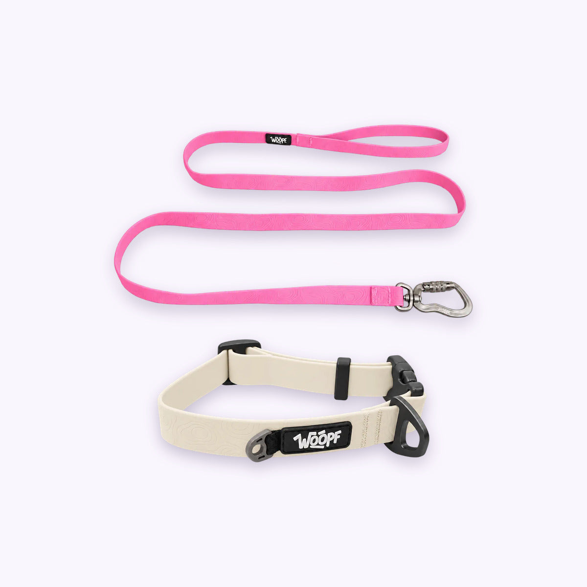 Glow | Swimmer Bundle: The Glow Sealskin Waterproof Dog Collar with the Pink Sealskin Lightweight Waterproof Leash on a pale lavender background