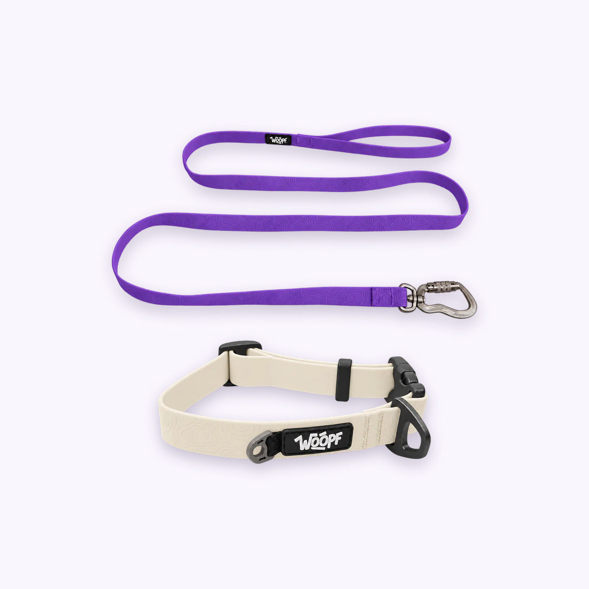 Glow | Swimmer Bundle: The Glow Sealskin Waterproof Dog Collar with the Purple Sealskin Lightweight Waterproof Leash on a pale lavender background