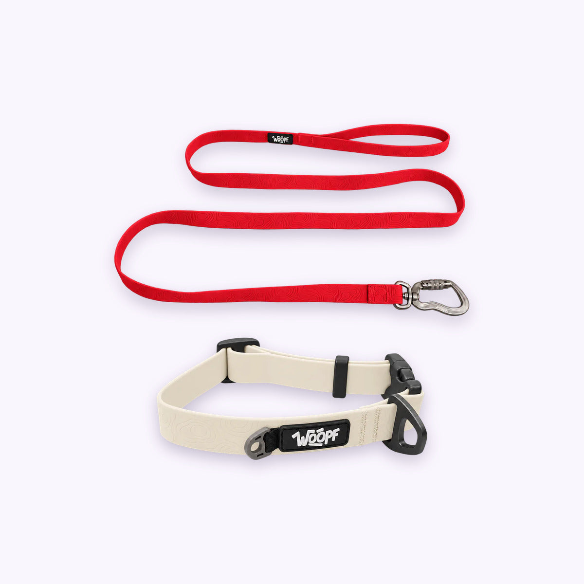 Glow | Swimmer Bundle: The Glow Sealskin Waterproof Dog Collar with the Red Sealskin Lightweight Waterproof Leash on a pale lavender background