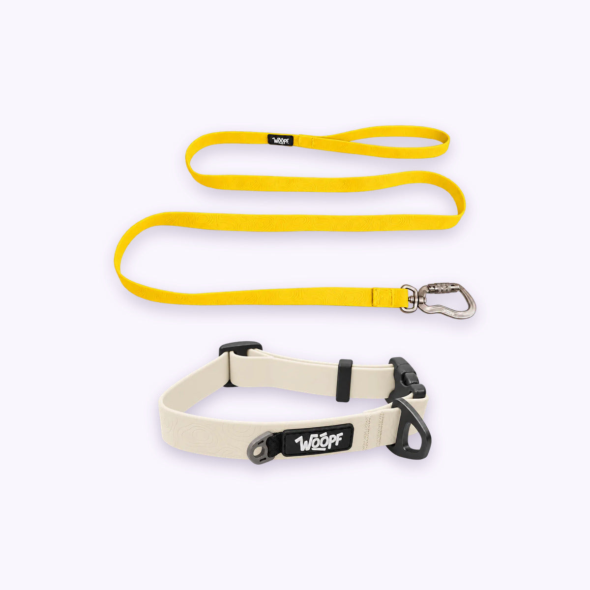 Glow | Swimmer Bundle: The Glow Sealskin Waterproof Dog Collar with the Yellow Sealskin Lightweight Waterproof Leash on a pale lavender background