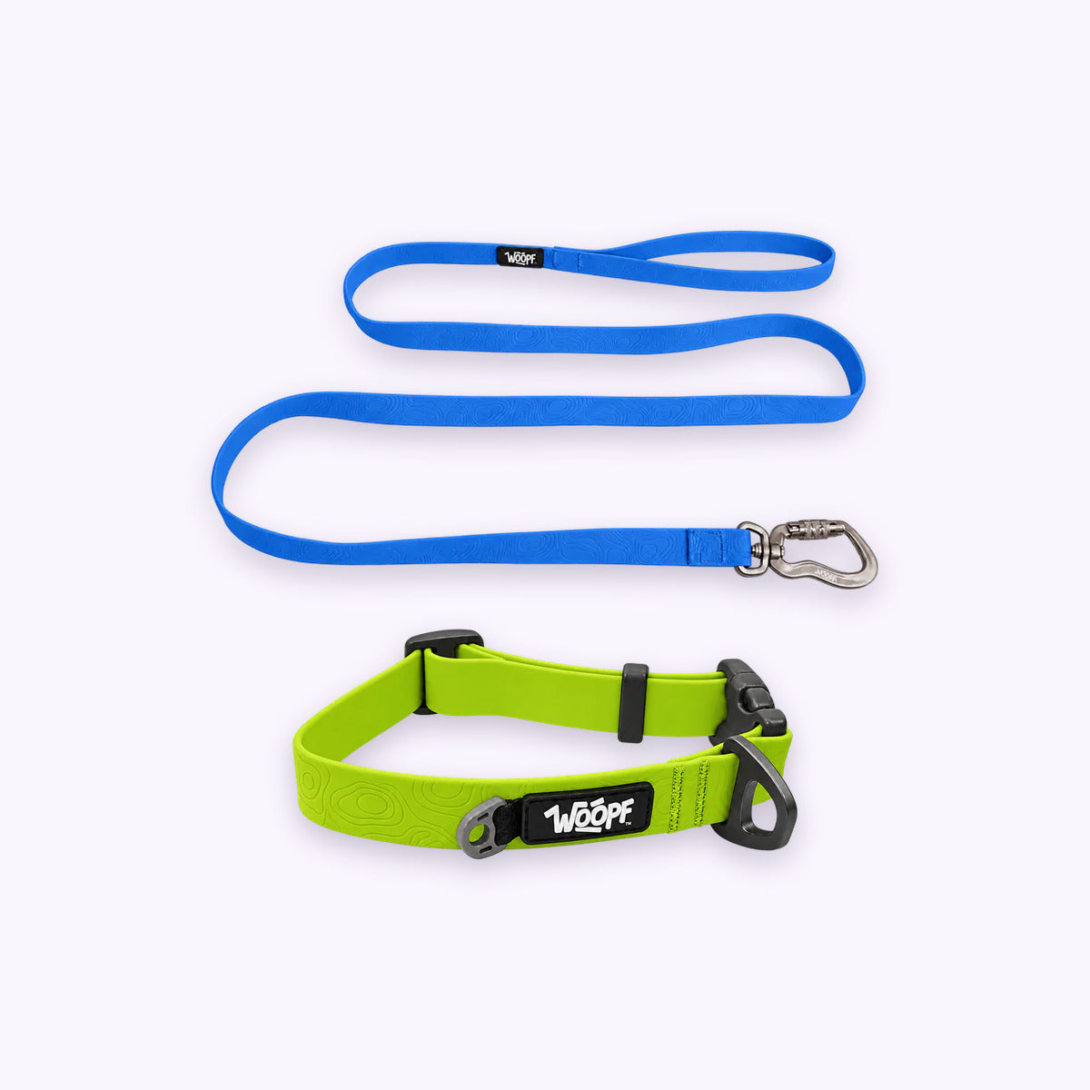 Green | Swimmer Bundle: The Green Sealskin Waterproof Dog Collar with the Blue Sealskin Lightweight Waterproof Leash on a pale lavender background