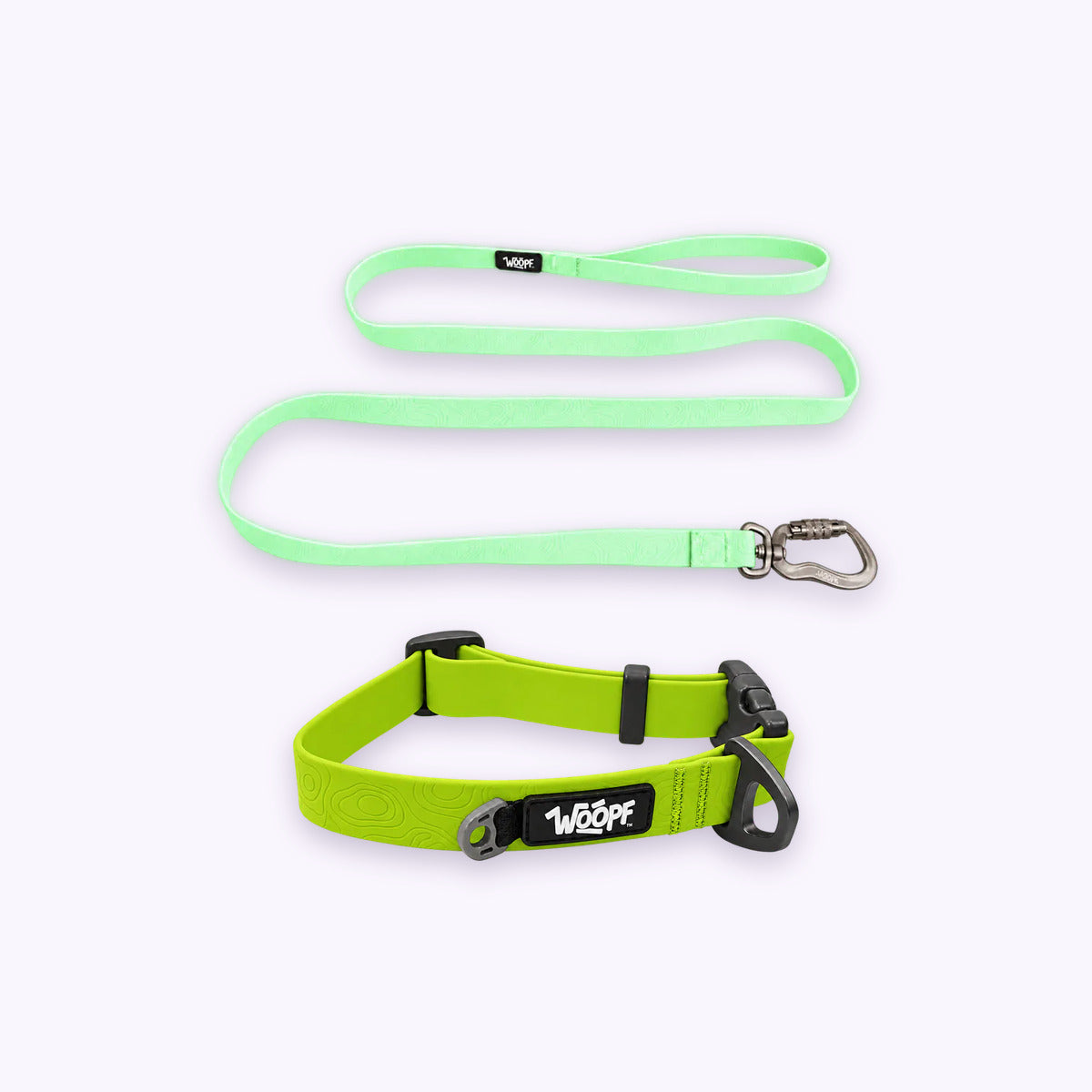 Green | Swimmer Bundle: The Green Sealskin Waterproof Dog Collar with the Glow Sealskin Lightweight Waterproof Leash on a pale lavender background