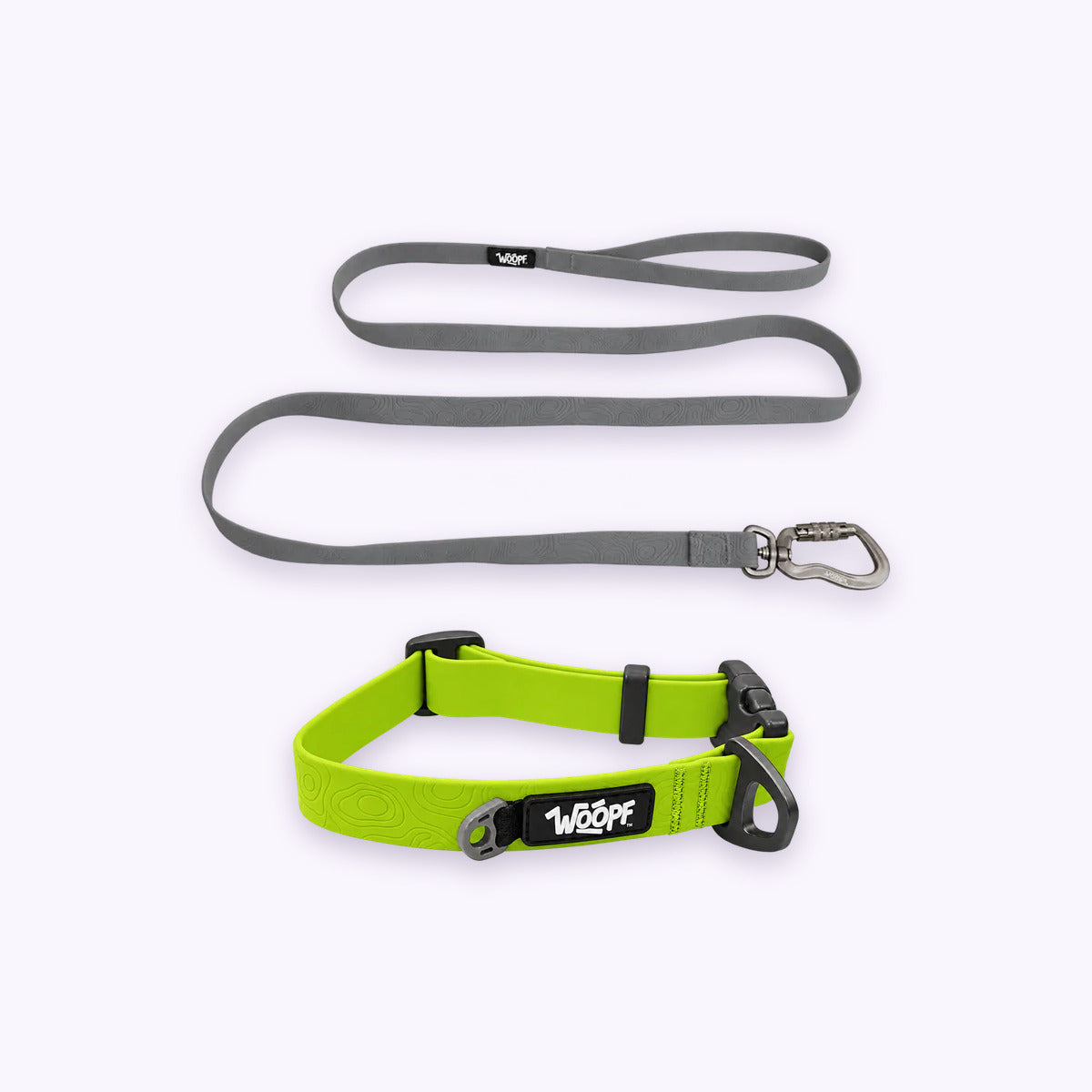 Green | Swimmer Bundle: The Green Sealskin Waterproof Dog Collar with the Grey Sealskin Lightweight Waterproof Leash on a pale lavender background