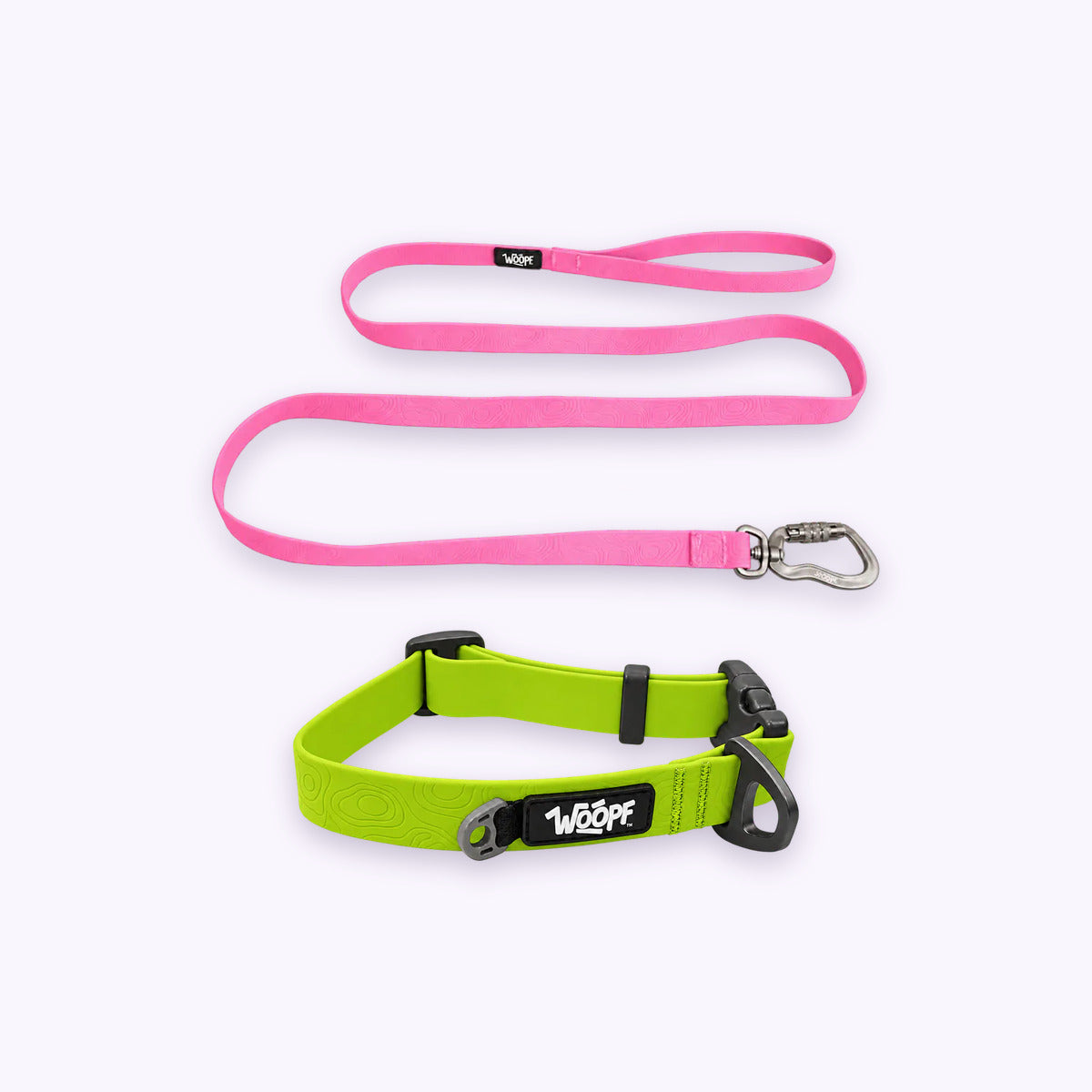 Green | Swimmer Bundle: The Green Sealskin Waterproof Dog Collar with the Pink Sealskin Lightweight Waterproof Leash on a pale lavender background