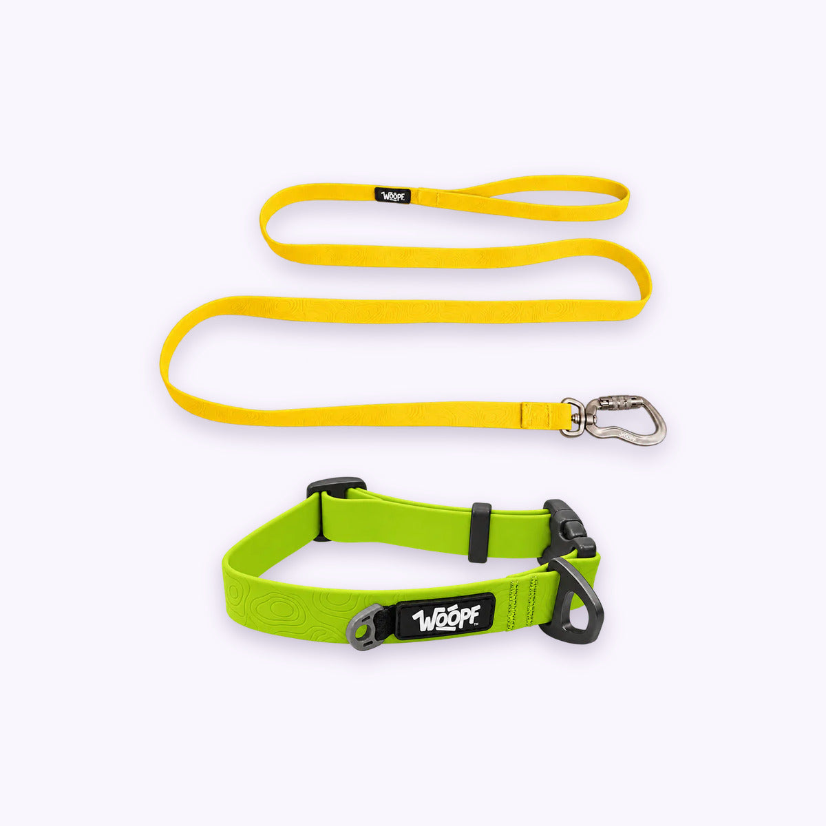 Green | Swimmer Bundle: The Green Sealskin Waterproof Dog Collar with the Yellow Sealskin Lightweight Waterproof Leash on a pale lavender background