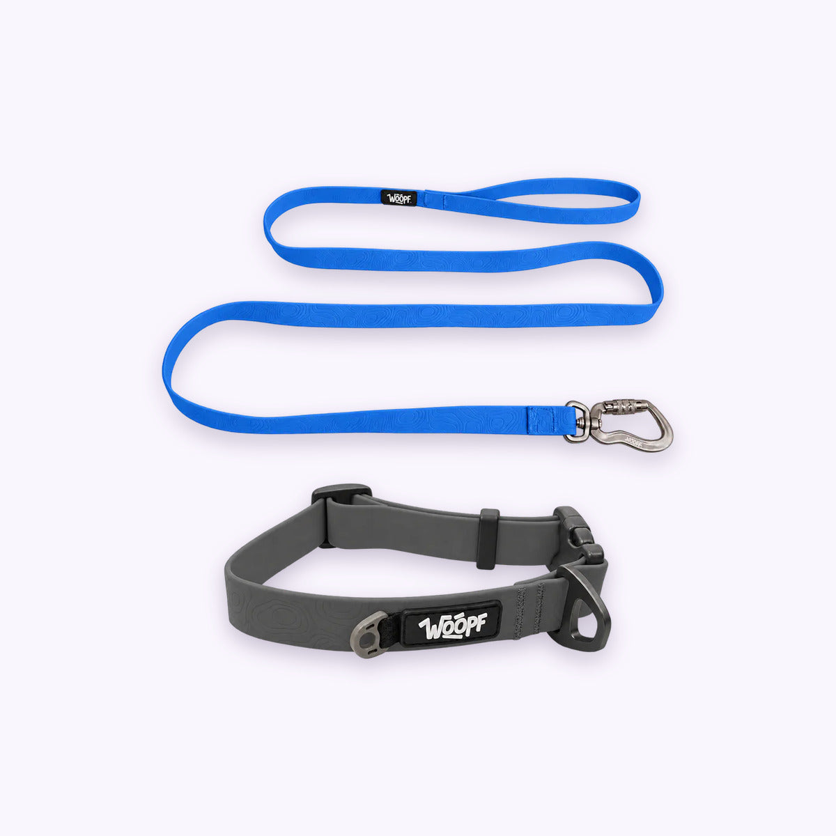 Grey | Swimmer Bundle: The Grey Sealskin Waterproof Dog Collar with the Blue Sealskin Lightweight Waterproof Leash on a pale lavender background