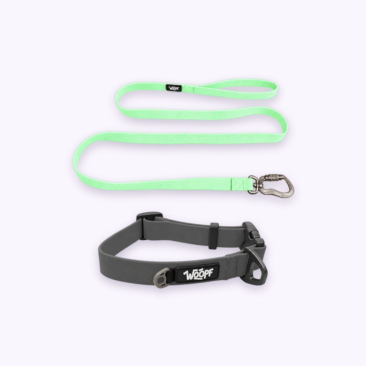 Swimmer Bundle: The Grey Sealskin Waterproof Dog Collar with the Glow Sealskin Lightweight Waterproof Leash on a pale lavender background