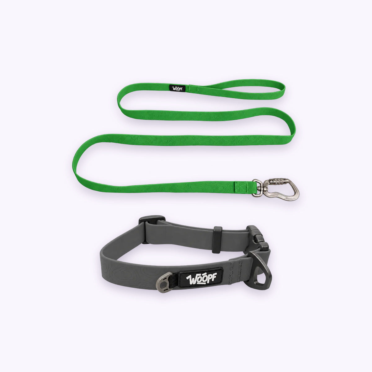 Grey | Swimmer Bundle: The Grey Sealskin Waterproof Dog Collar with the Green Sealskin Lightweight Waterproof Leash on a pale lavender background
