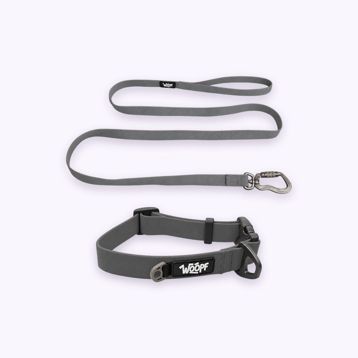 Swimmer Bundle: The Grey Sealskin Waterproof Dog Collar with the Grey Sealskin Lightweight Waterproof Leash on a pale lavender background