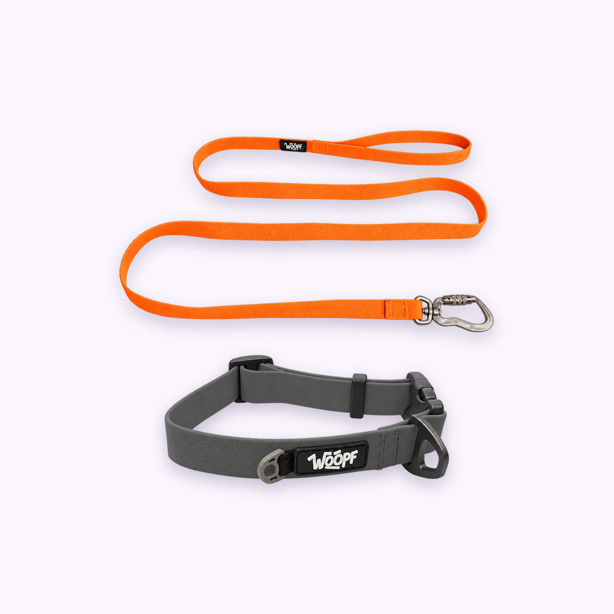 Swimmer Bundle: The Grey Sealskin Waterproof Dog Collar with the Orange Sealskin Lightweight Waterproof Leash on a pale lavender background
