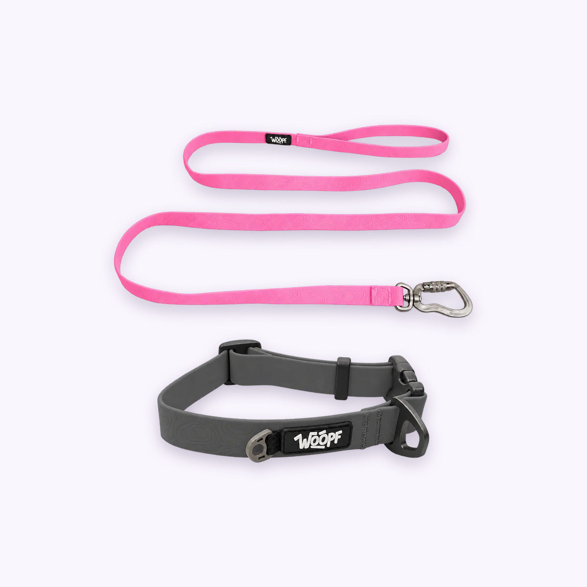 Swimmer Bundle: The Grey Sealskin Waterproof Dog Collar with the Pink Sealskin Lightweight Waterproof Leash on a pale lavender background