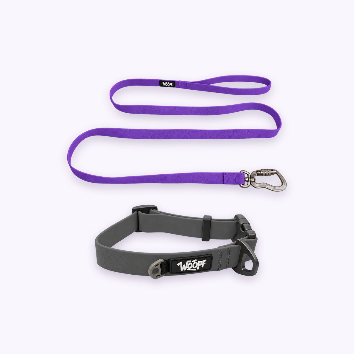 Swimmer Bundle: The Grey Sealskin Waterproof Dog Collar with the Purple Sealskin Lightweight Waterproof Leash on a pale lavender background