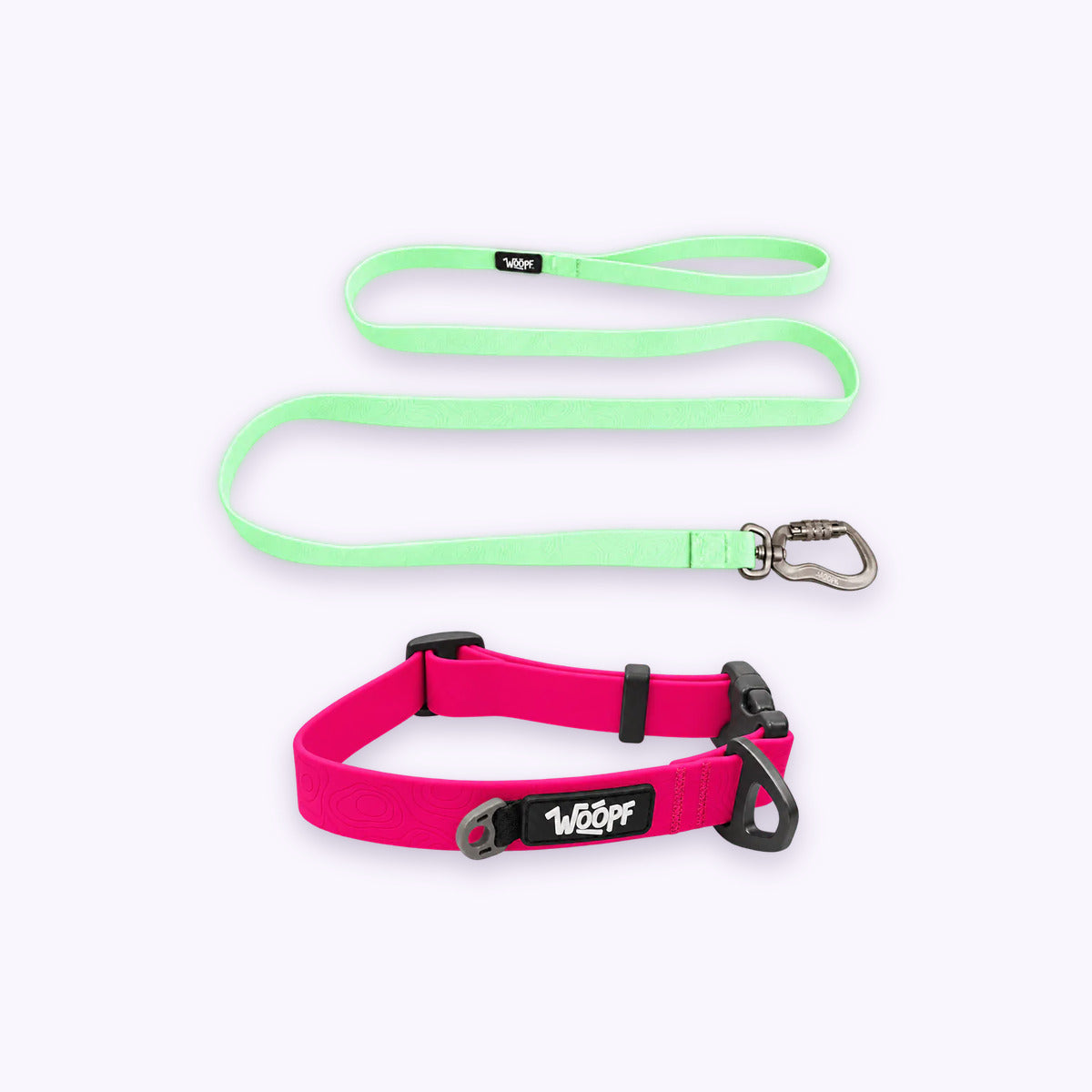 Pink | Swimmer Bundle: The Pink Sealskin Waterproof Dog Collar with the Glow Sealskin Lightweight Waterproof Leash on a pale lavender background